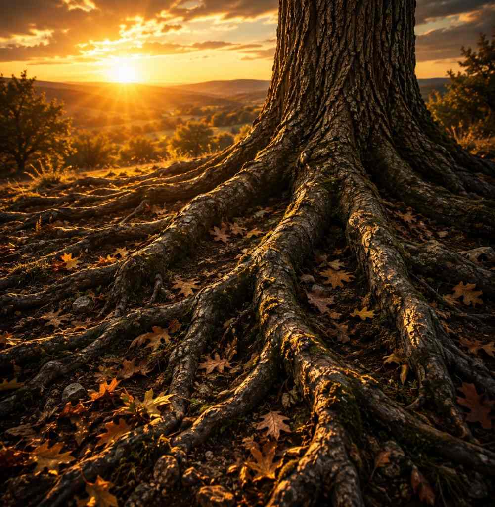 Raíces de árbol al atardecer