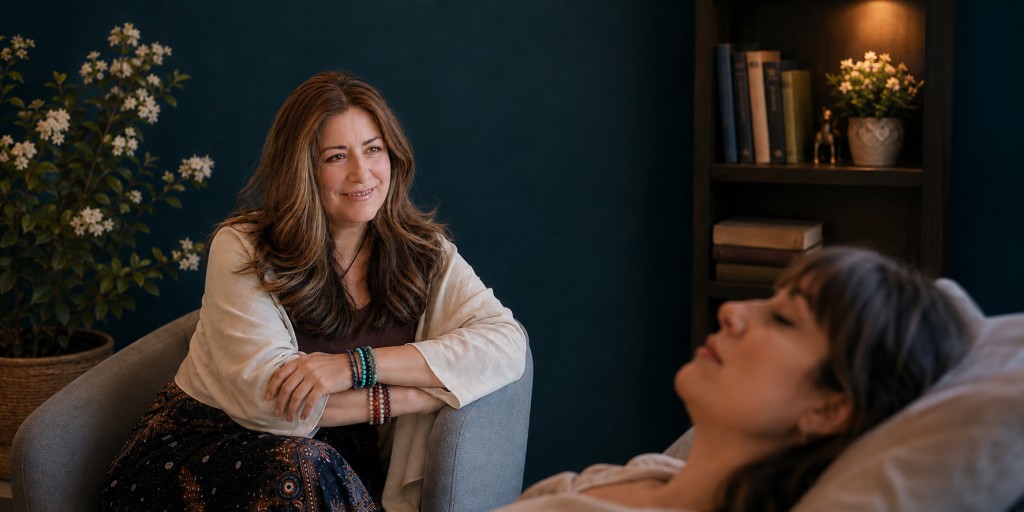 Mujer sonriendo en consulta terapéutica